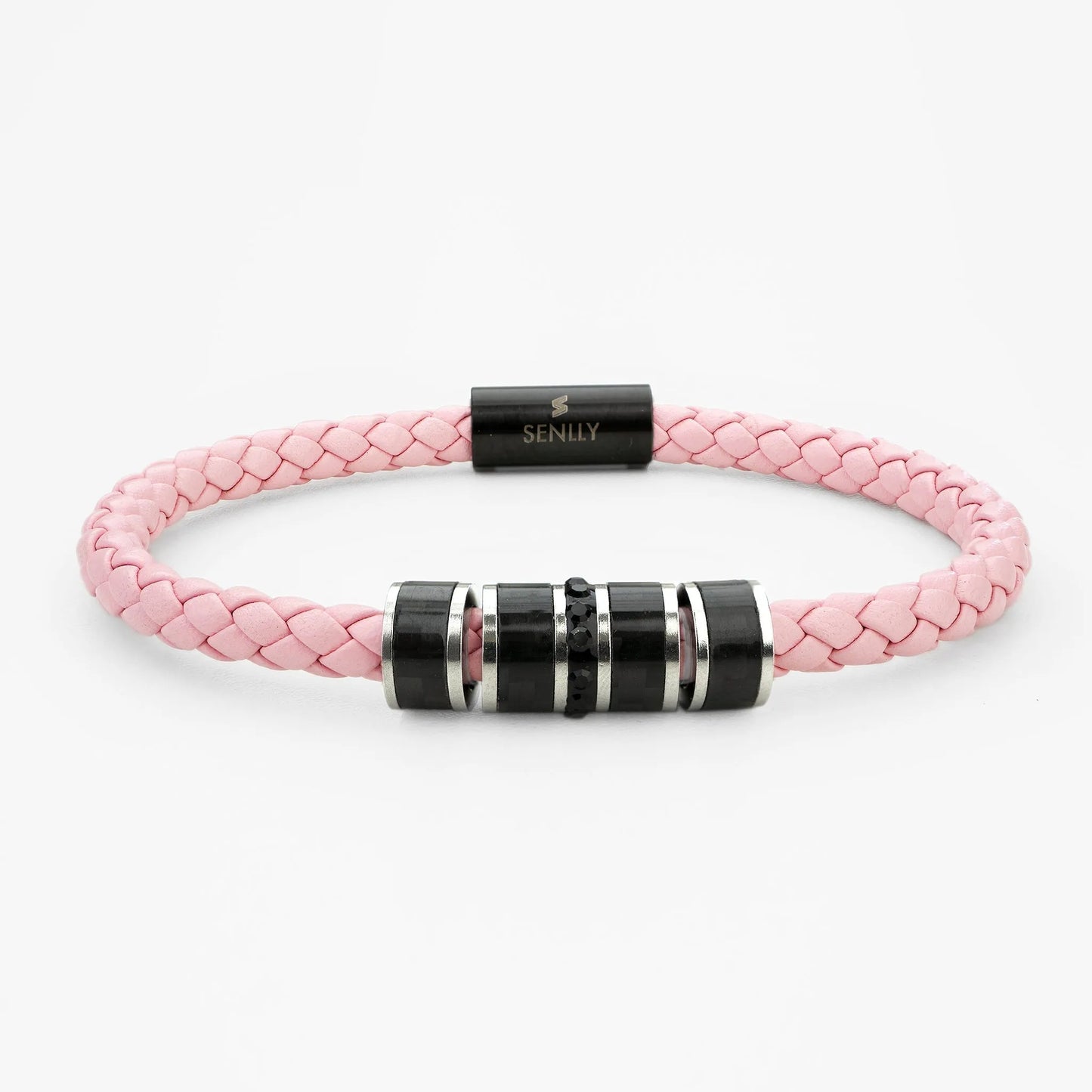 Braided Genuine Leather Pink Bracelet - Straight Tube Black Magnetic Clasp - SENLLY