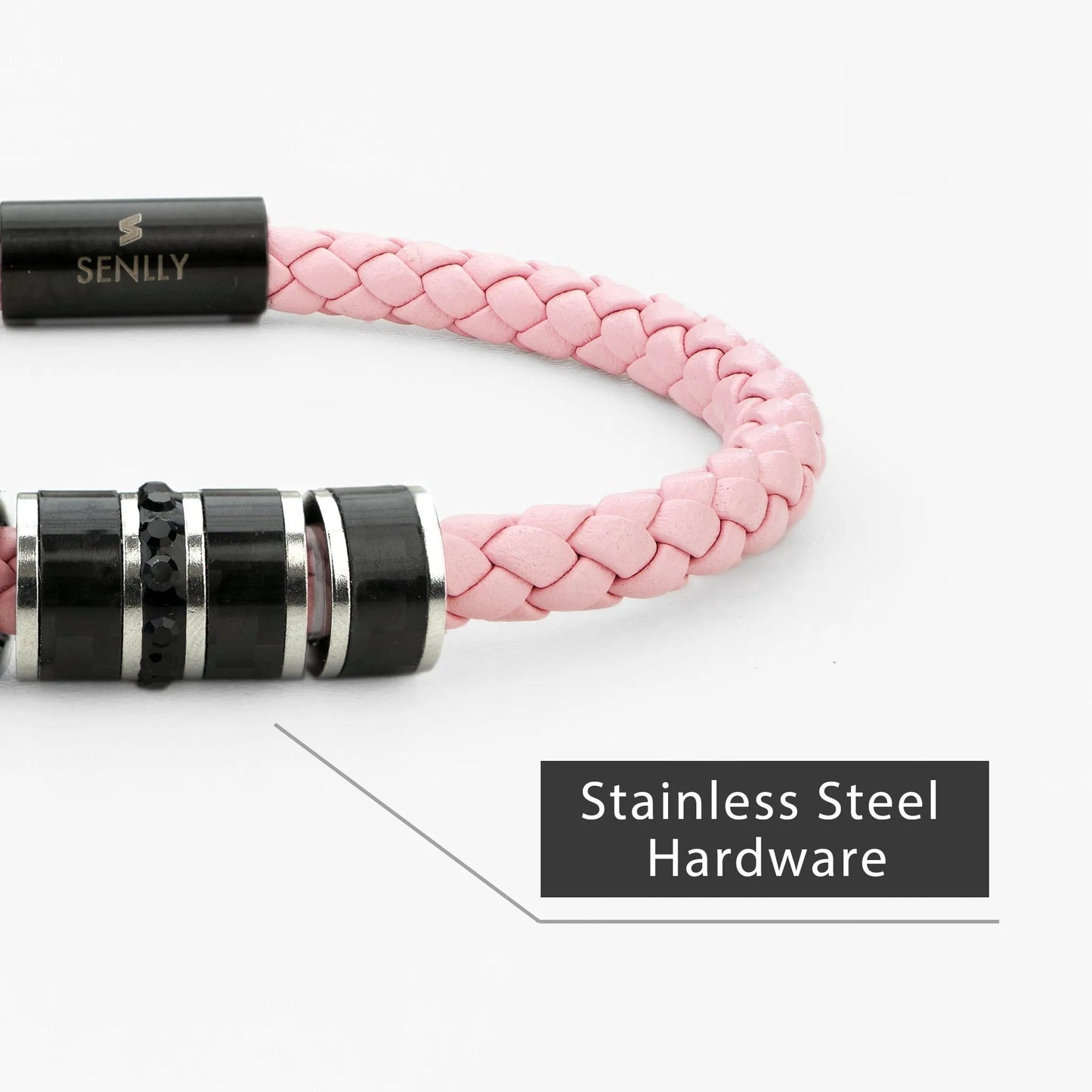 Braided Genuine Leather Pink Bracelet - Straight Tube Black Magnetic Clasp - SENLLY