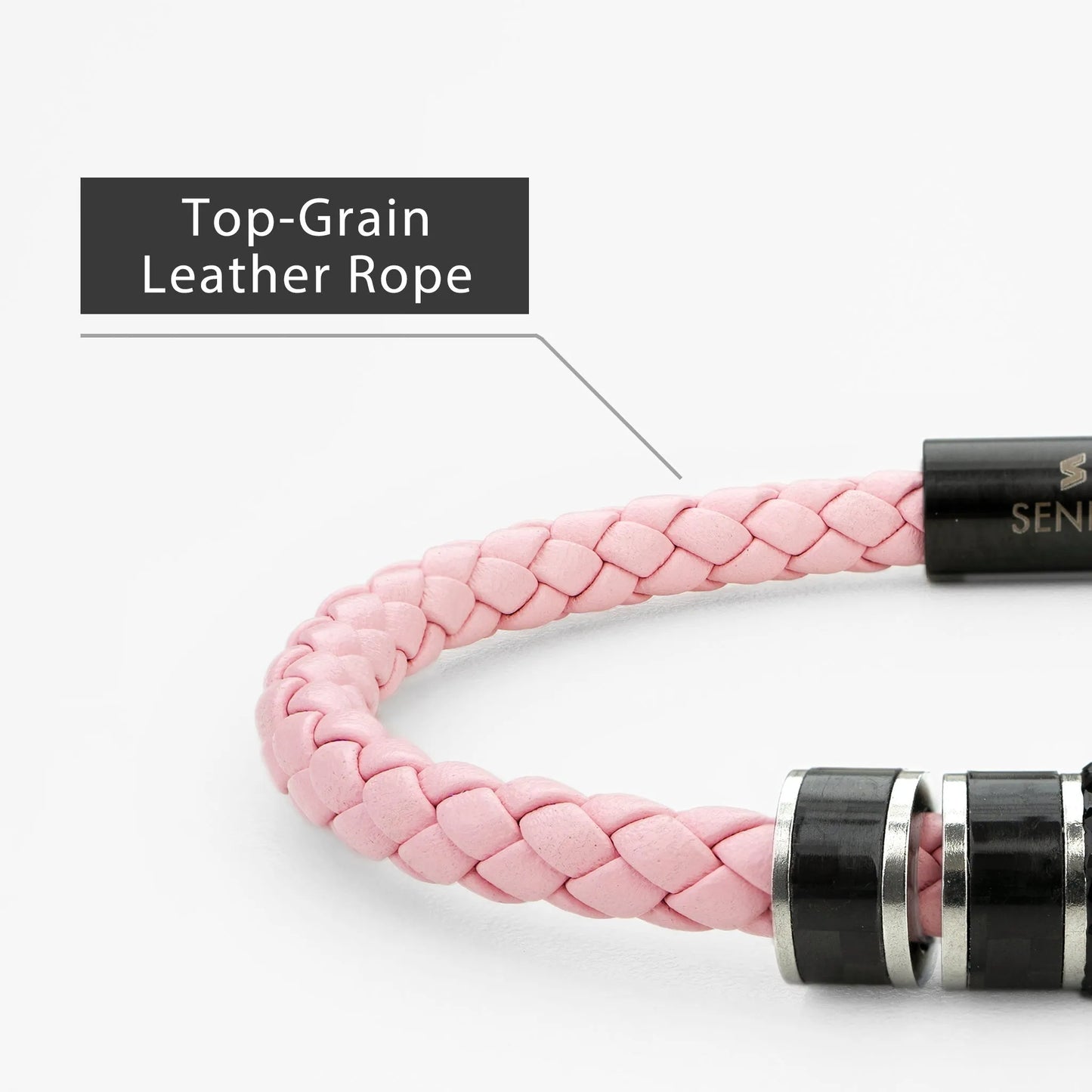 Braided Genuine Leather Pink Bracelet - Straight Tube Black Magnetic Clasp - SENLLY