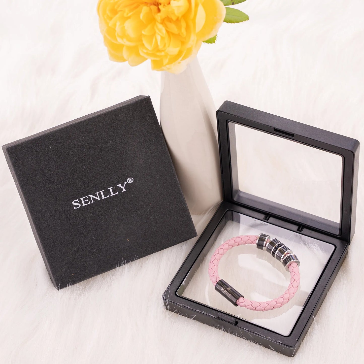 Braided Genuine Leather Pink Bracelet - Straight Tube Black Magnetic Clasp - SENLLY