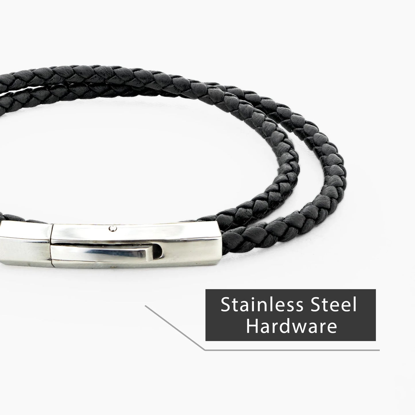 Braided Genuine Leather Black Bracelet - Hexagonal Arc Silver Snap Button - SENLLY