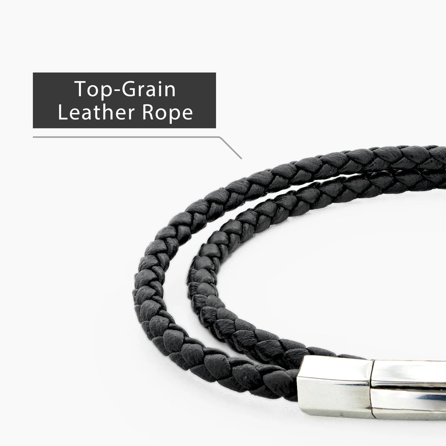 Braided Genuine Leather Black Bracelet - Hexagonal Arc Silver Snap Button - SENLLY