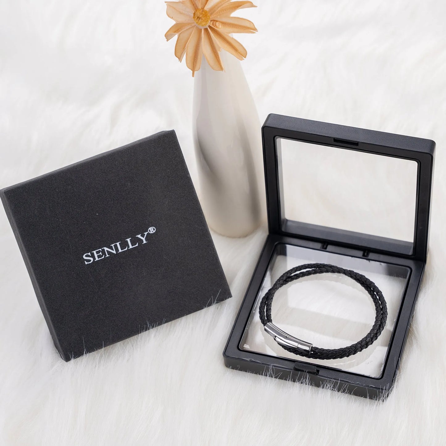 Braided Genuine Leather Black Bracelet - Hexagonal Arc Silver Snap Button - SENLLY