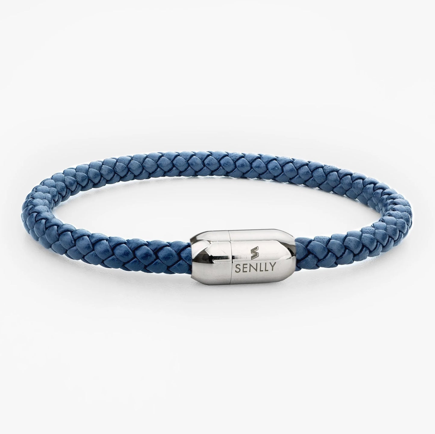 Braided Genuine Leather Blue Bracelet - Capsule Silver Magnetic Clasp - SENLLY
