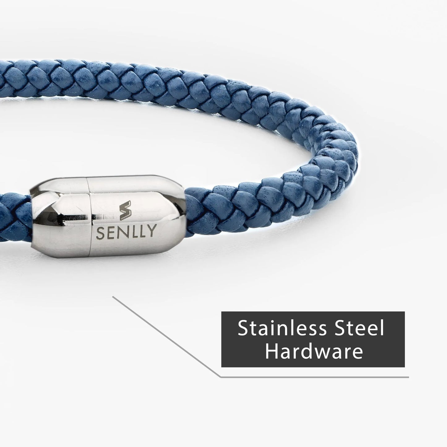 Braided Genuine Leather Blue Bracelet - Capsule Silver Magnetic Clasp - SENLLY