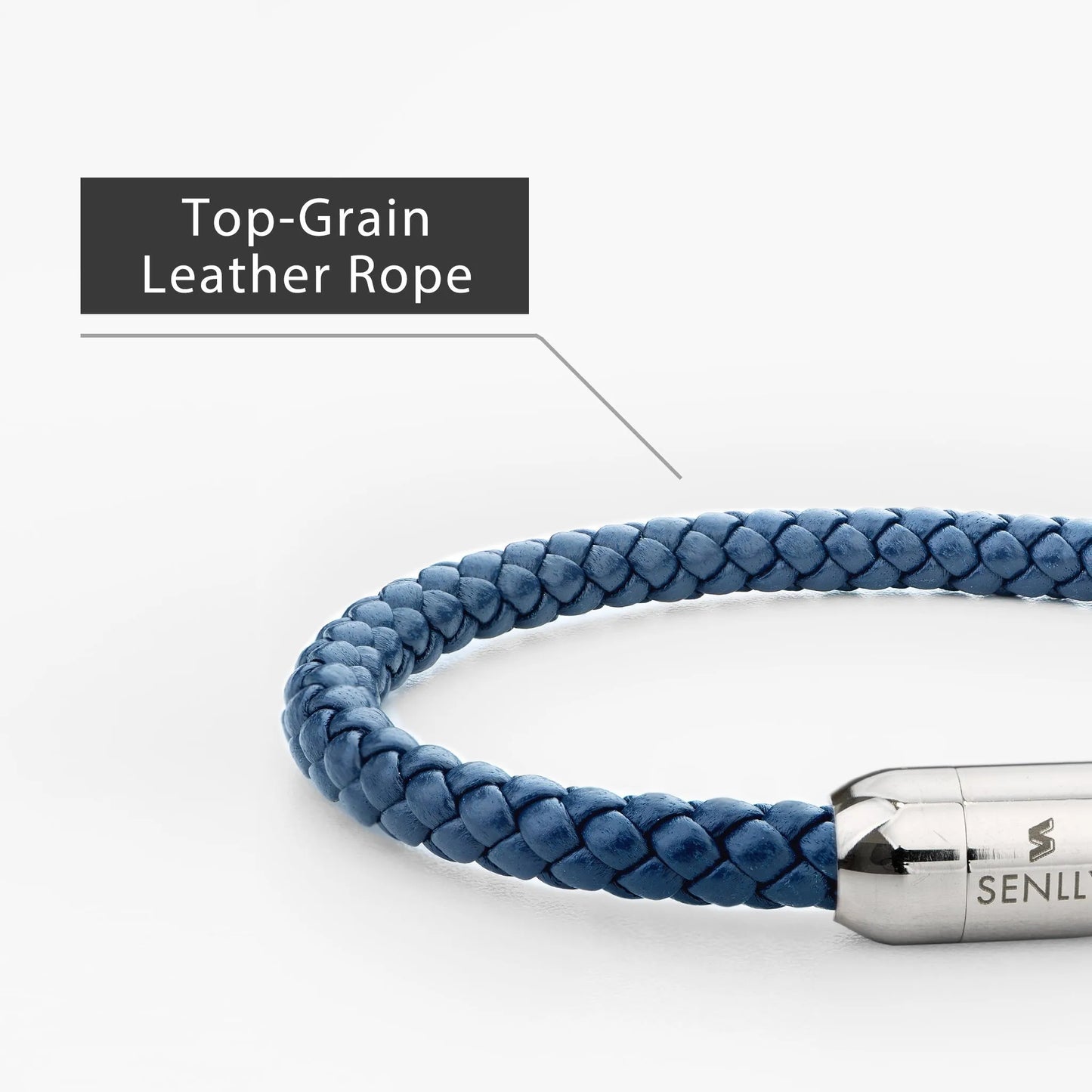 Braided Genuine Leather Blue Bracelet - Capsule Silver Magnetic Clasp - SENLLY