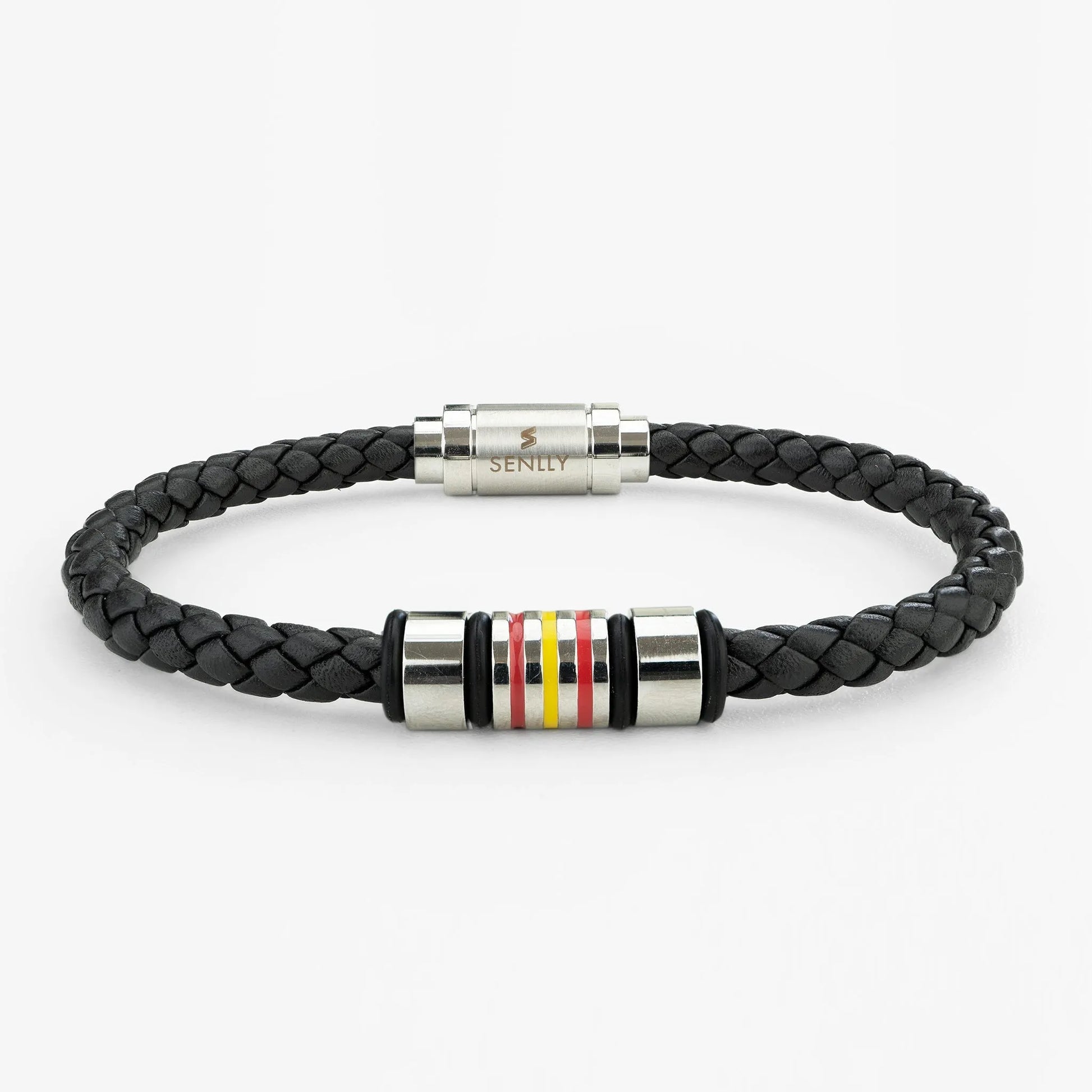 Braided Genuine Leather Black Bracelet - Straight Tube Silver Magnetic Clasp - SENLLY