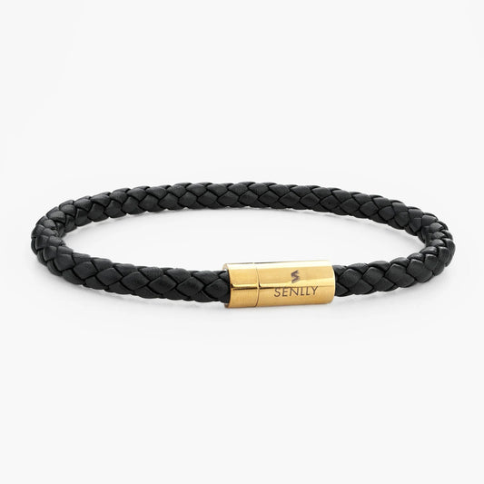 Braided Genuine Leather Black Bracelet - Straight Tube Gold Magnetic Clasp - SENLLY