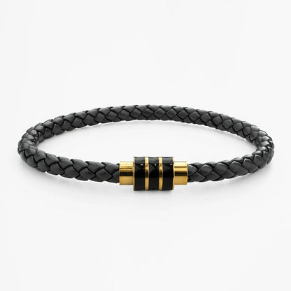 Braided Genuine Leather Black Bracelet - Stripe Gold Magnetic Clasp - SENLLY