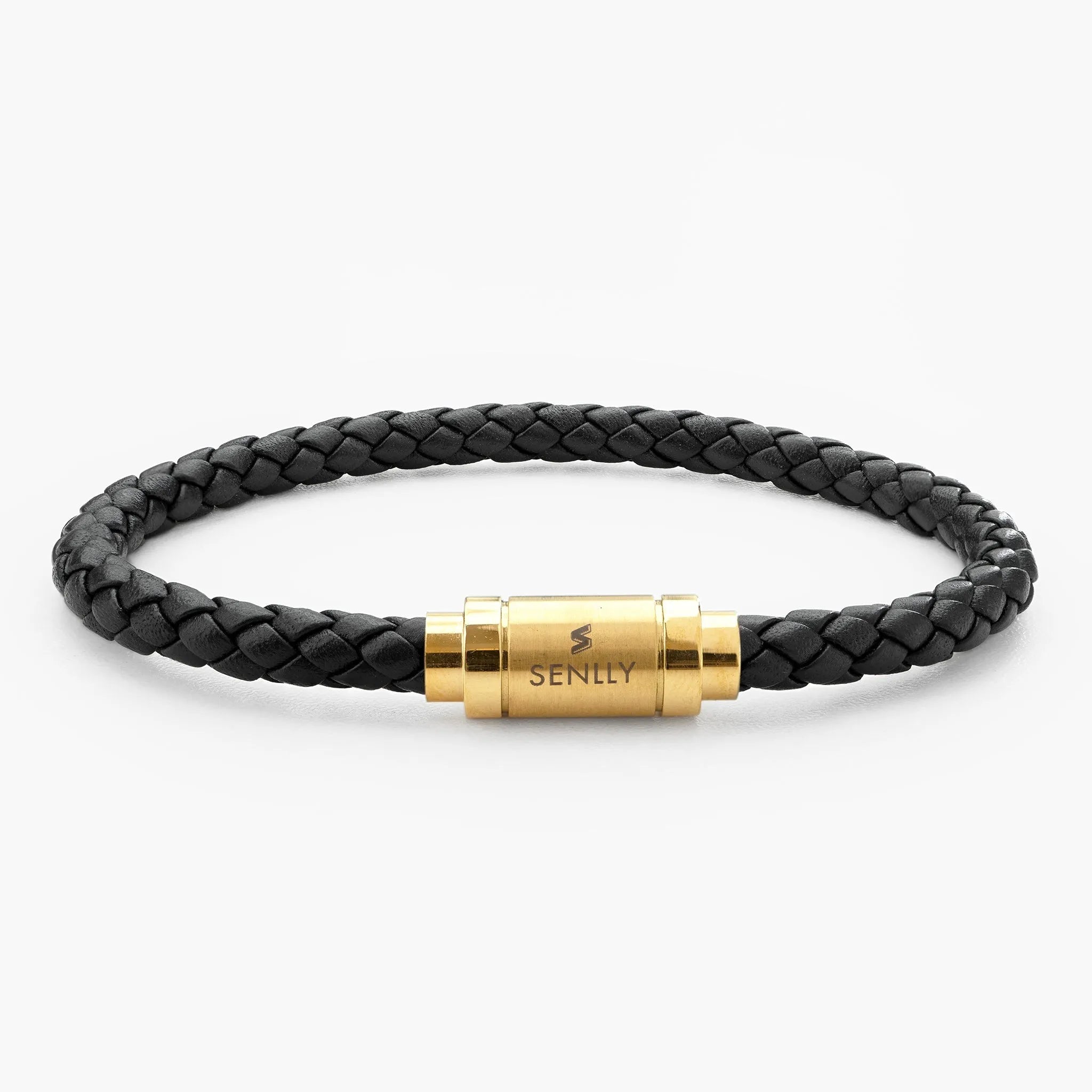 Braided Genuine Leather Black Bracelet - Straight Tube Gold Magnetic Clasp - SENLLY