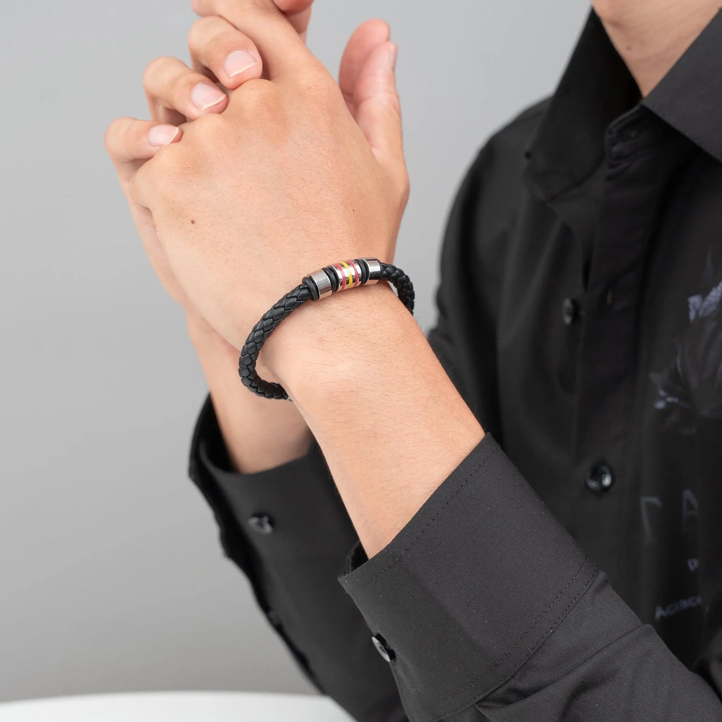 Braided Genuine Leather Black Bracelet - Straight Tube Silver Magnetic Clasp - SENLLY