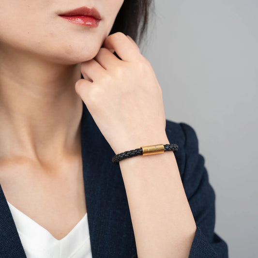 Braided Genuine Leather Black Bracelet - Straight Tube Gold Magnetic Clasp - SENLLY