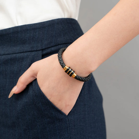 Braided Genuine Leather Black Bracelet - Stripe Gold Magnetic Clasp - SENLLY