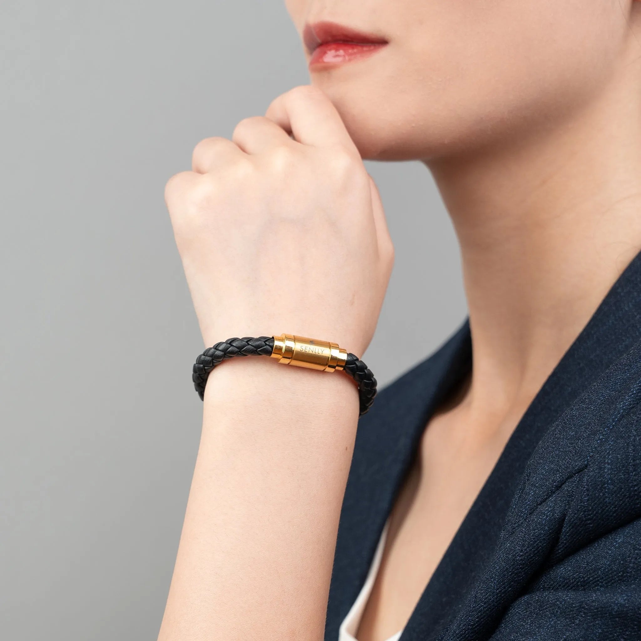 Braided Genuine Leather Black Bracelet - Straight Tube Gold Magnetic Clasp - SENLLY