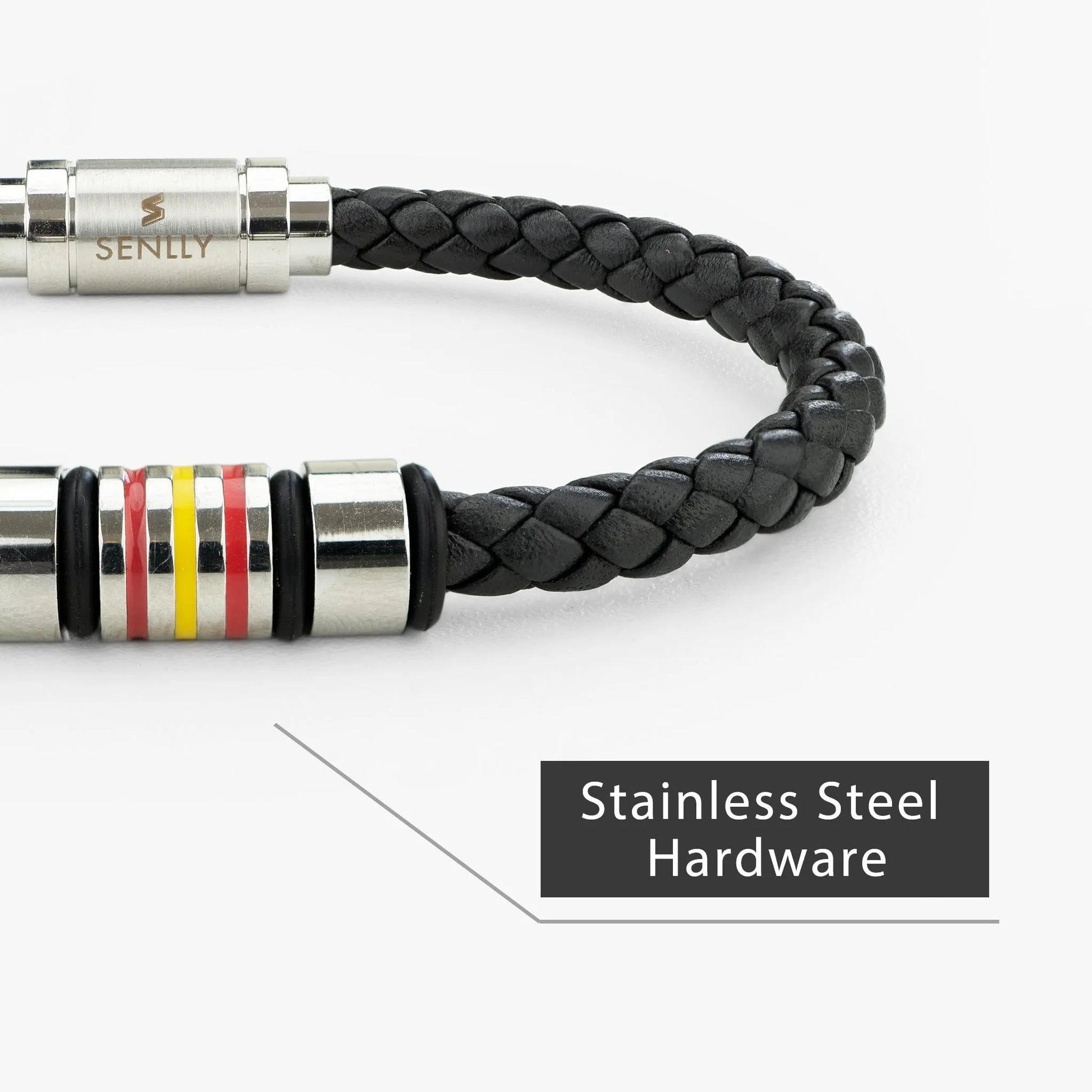 Braided Genuine Leather Black Bracelet - Straight Tube Silver Magnetic Clasp - SENLLY