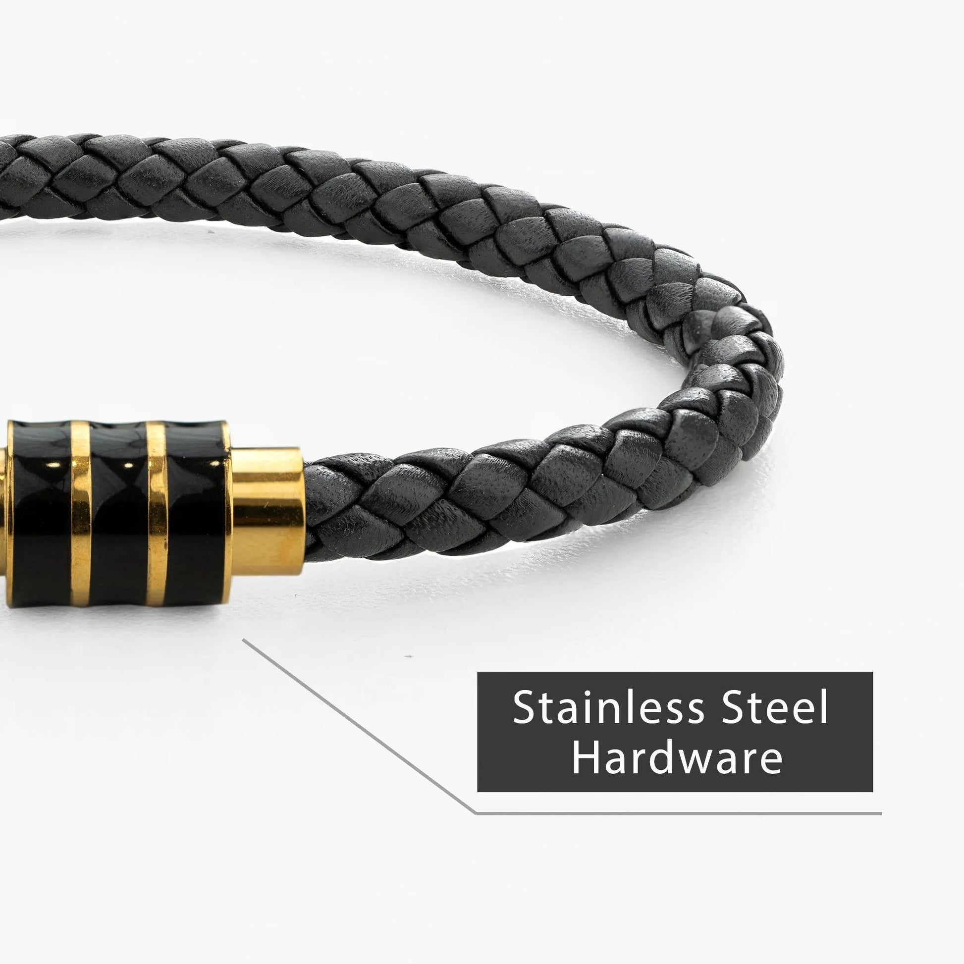 Braided Genuine Leather Black Bracelet - Stripe Gold Magnetic Clasp - SENLLY