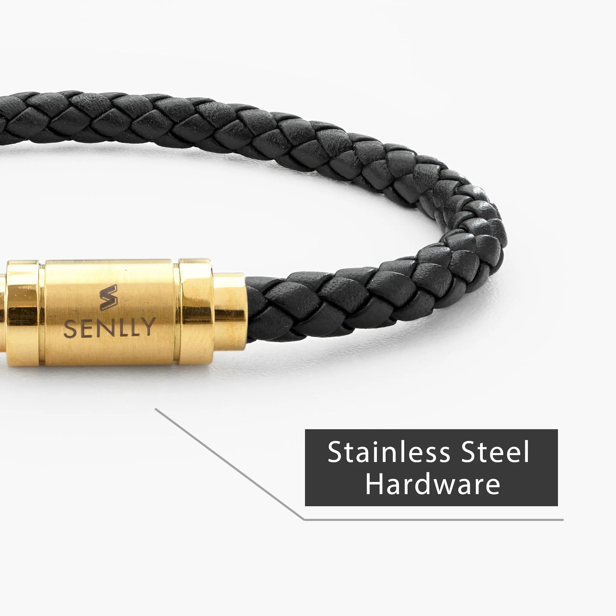 Braided Genuine Leather Black Bracelet - Straight Tube Gold Magnetic Clasp - SENLLY