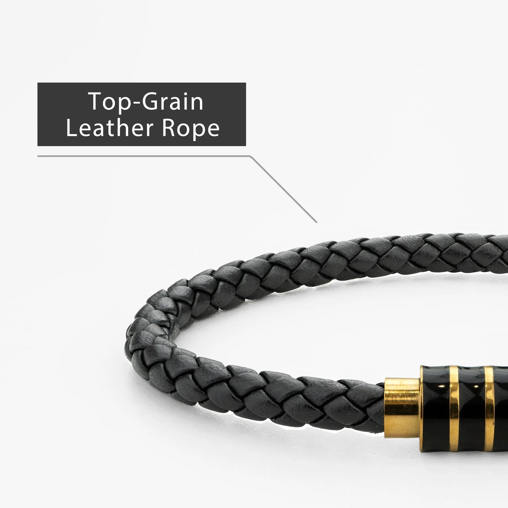 Braided Genuine Leather Black Bracelet - Stripe Gold Magnetic Clasp - SENLLY