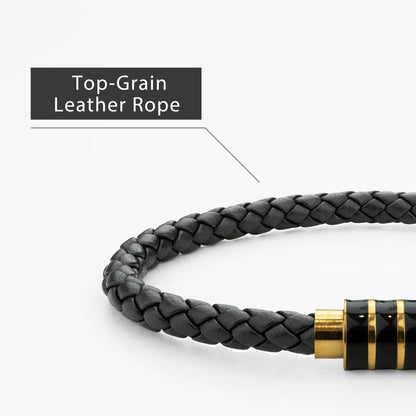 Braided Genuine Leather Black Bracelet - Stripe Gold Magnetic Clasp - SENLLY