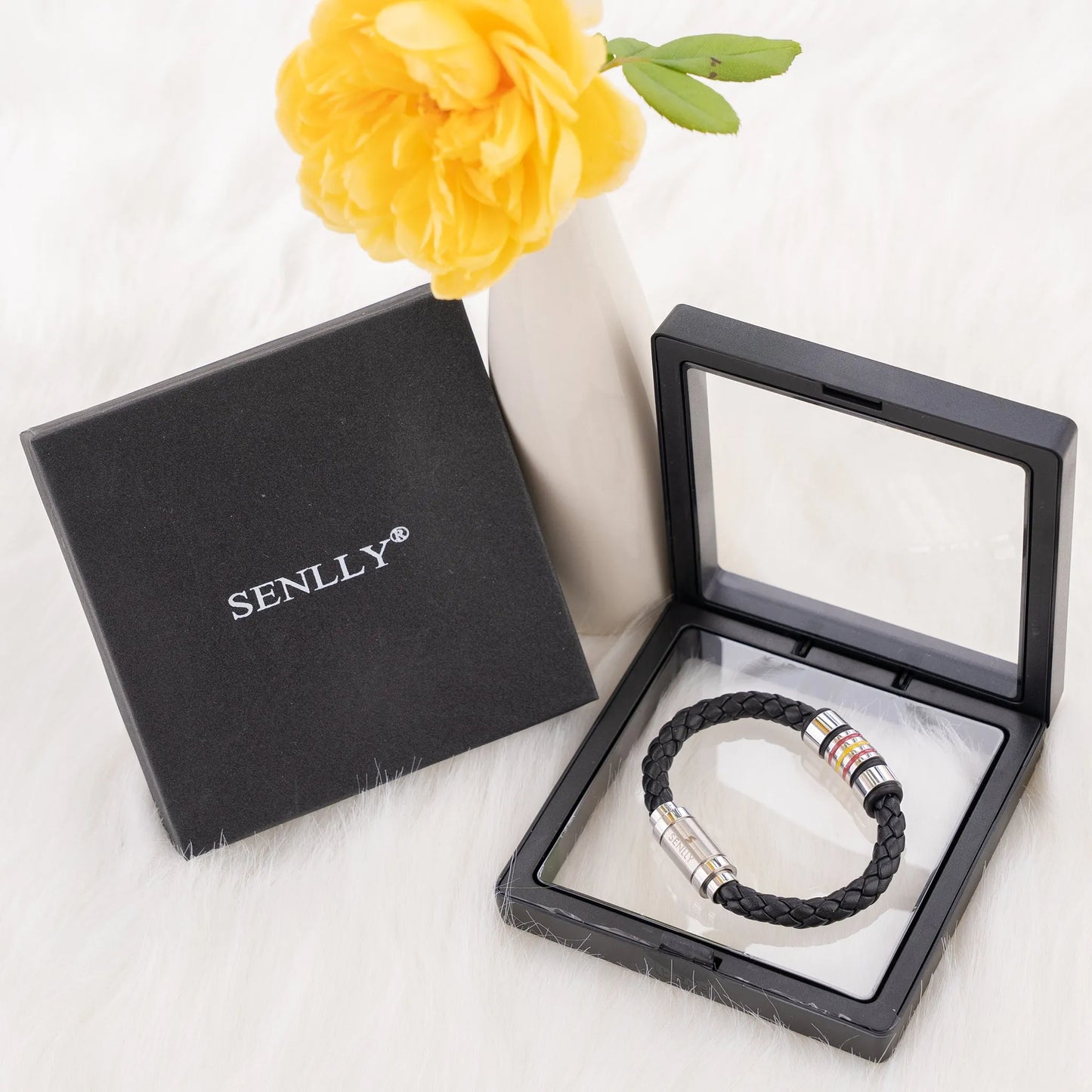 Braided Genuine Leather Black Bracelet - Straight Tube Silver Magnetic Clasp - SENLLY