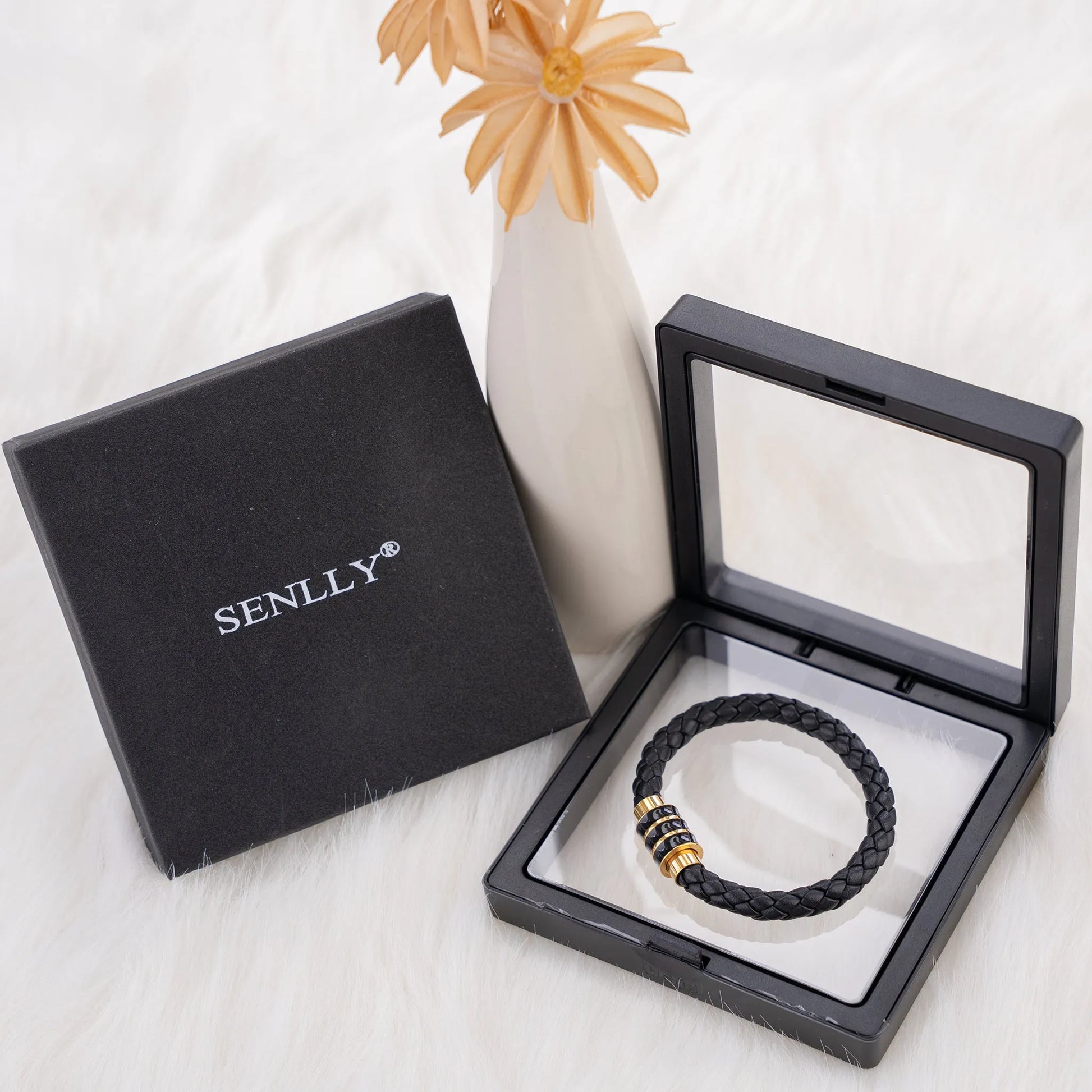 Braided Genuine Leather Black Bracelet - Stripe Gold Magnetic Clasp - SENLLY