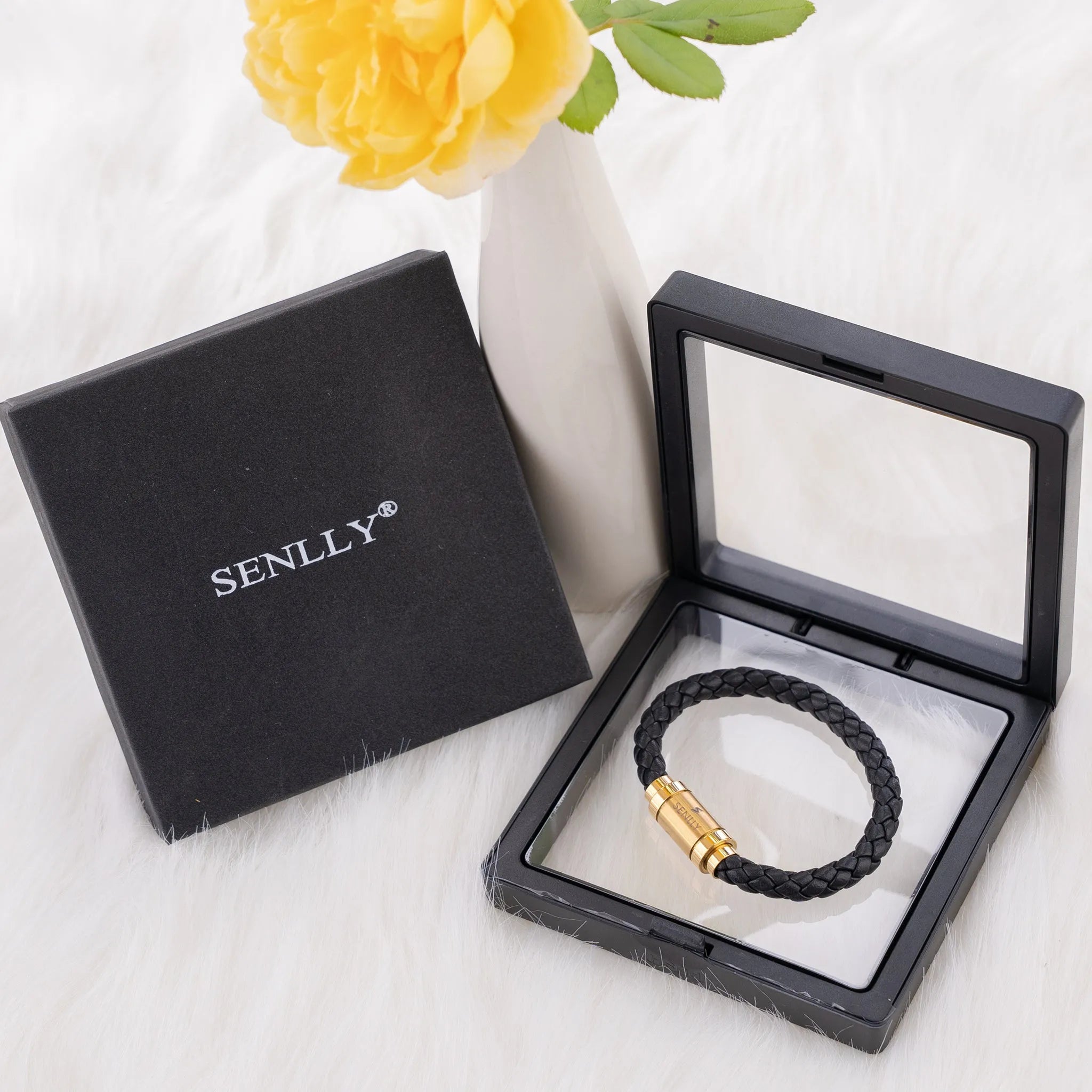 Braided Genuine Leather Black Bracelet - Straight Tube Gold Magnetic Clasp - SENLLY