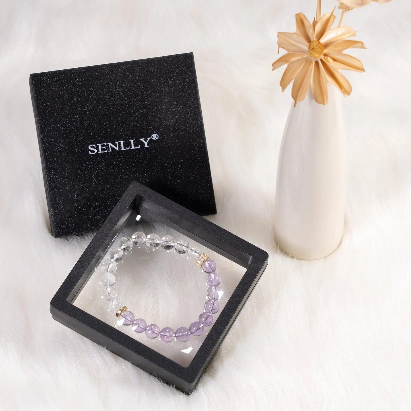 Double Protection Gemstone Beaded Bracelet - Lavender Amethyst & Azeztulite - SENLLY
