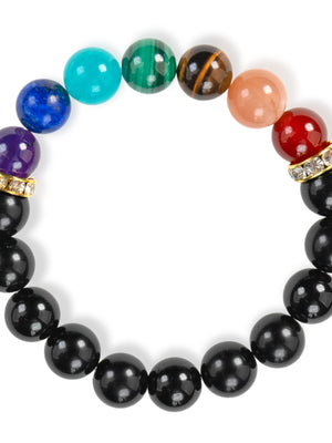 SENLLY 7 Chakra Beaded Stretch Bracelet with Black Agate, Handmade Natural Stone Jewelry for Balance & Protection