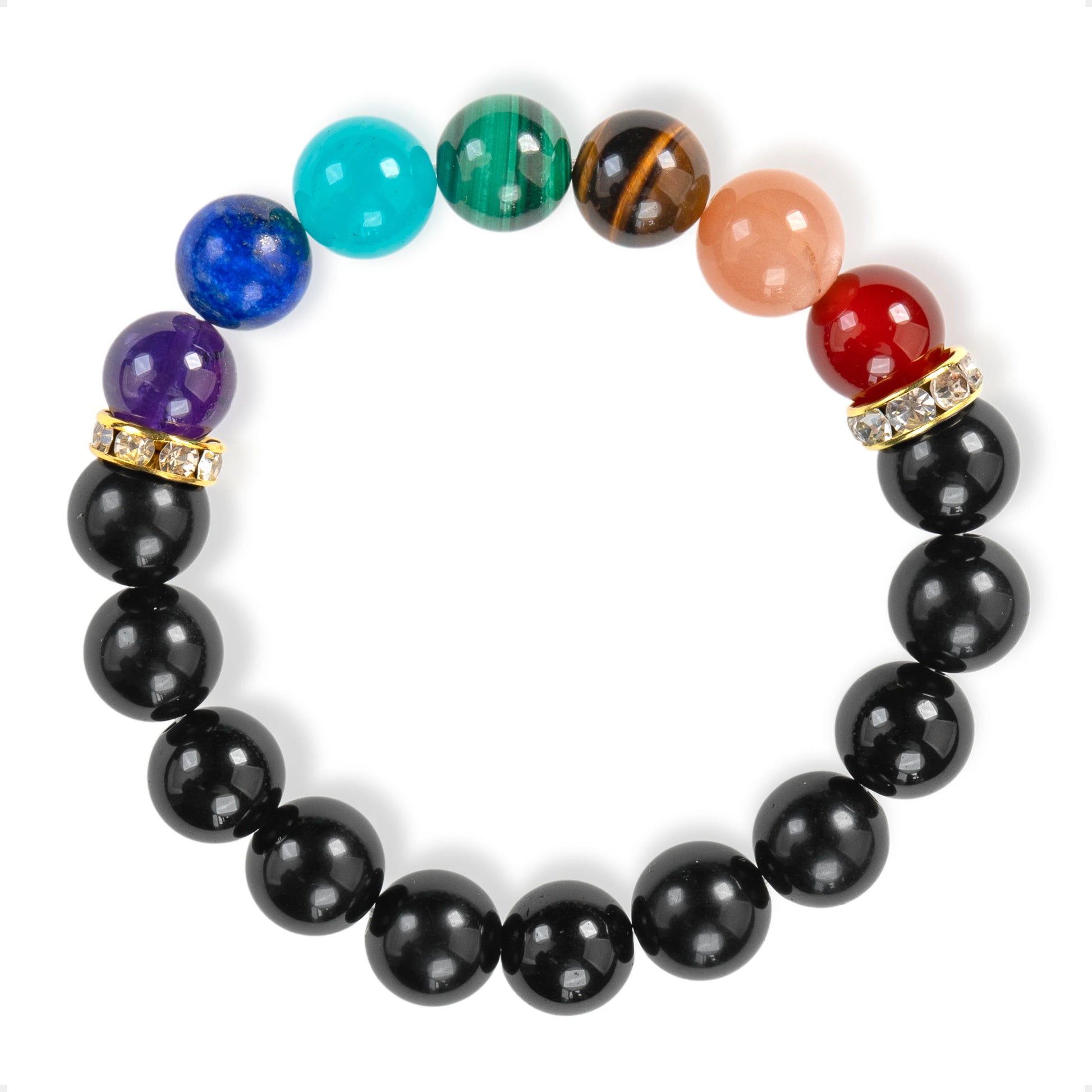 SENLLY 7 Chakra Beaded Stretch Bracelet with Black Agate, Handmade Natural Stone Jewelry for Balance & Protection