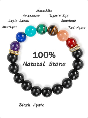 SENLLY 7 Chakra Beaded Stretch Bracelet with Black Agate, Handmade Natural Stone Jewelry for Balance & Protection