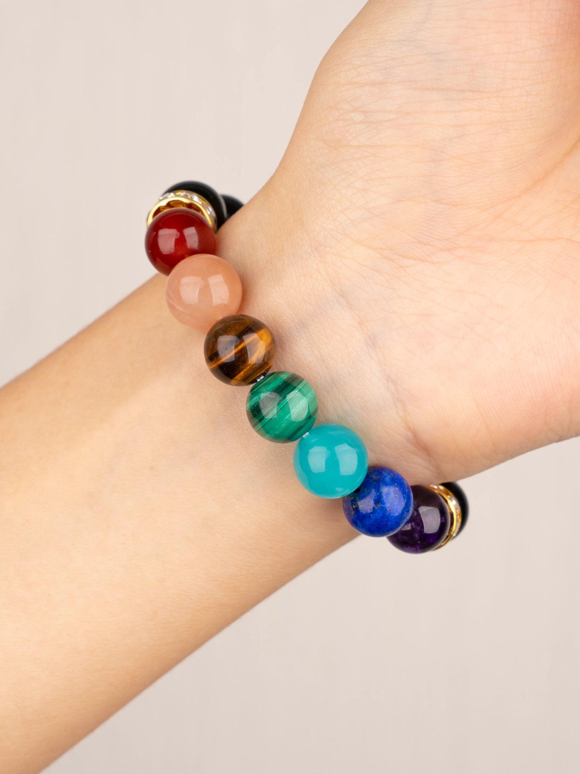 SENLLY 7 Chakra Beaded Stretch Bracelet with Black Agate, Handmade Natural Stone Jewelry for Balance & Protection