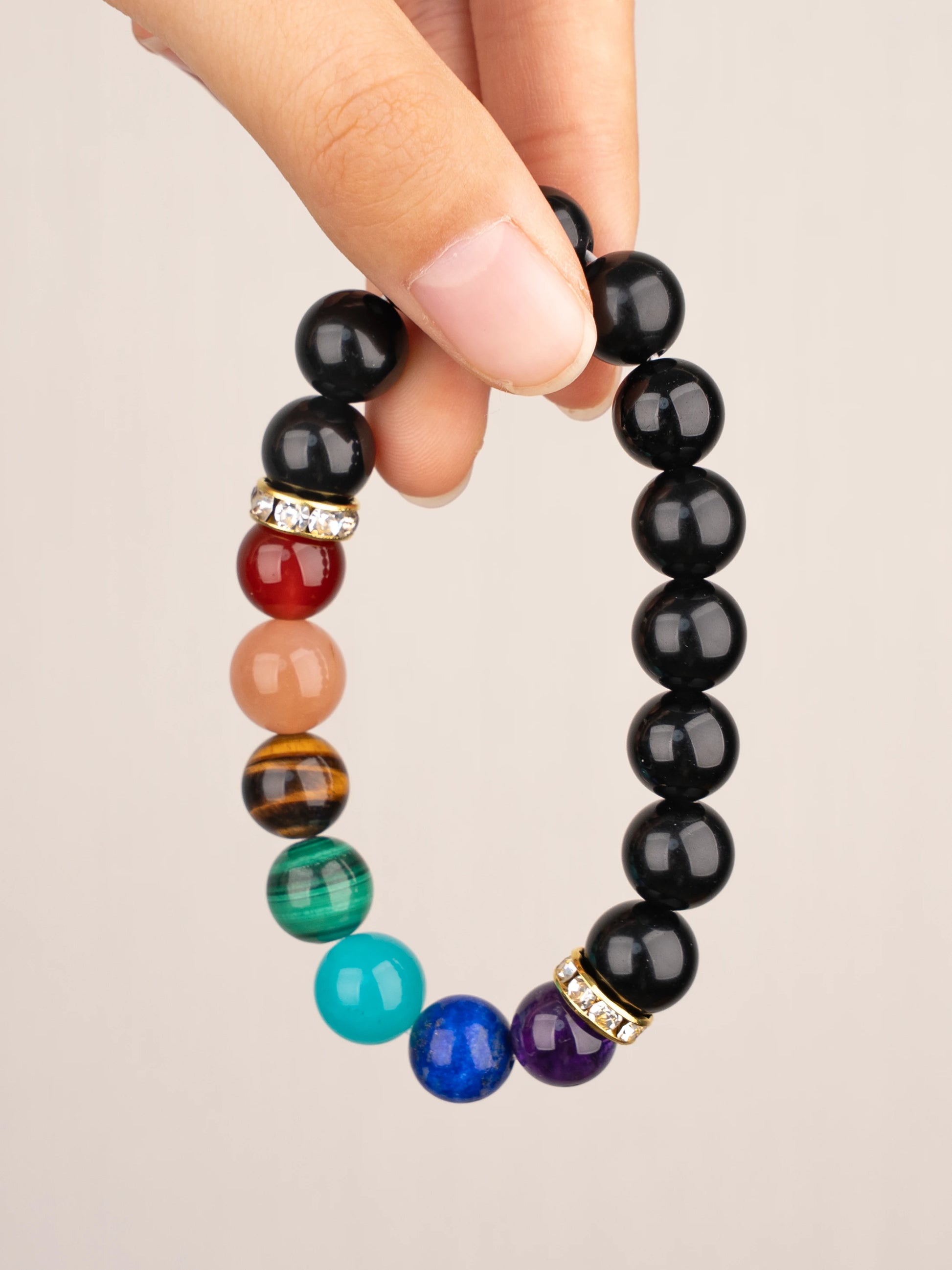 SENLLY 7 Chakra Beaded Stretch Bracelet with Black Agate, Handmade Natural Stone Jewelry for Balance & Protection