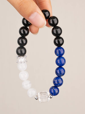 SENLLY Midnight Square - Beaded Stretch Bracelet with Lapis Lazuli, White Agate & Black Agate, Handmade Natural Stone Jewelry with Square Gem Accent
