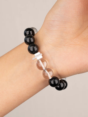 SENLLY Midnight Clarity - Handmade Black Agate & Clear Quartz Bracelet, Natural Stone Beaded Jewelry for Balance & Focus