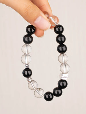SENLLY Midnight Clarity - Handmade Black Agate & Clear Quartz Bracelet, Natural Stone Beaded Jewelry for Balance & Focus