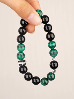 SENLLY Forest Guard - Handmade Malachite & Black Agate Bracelet, Natural Stone Beaded Stretch Jewelry for Strength & Balance