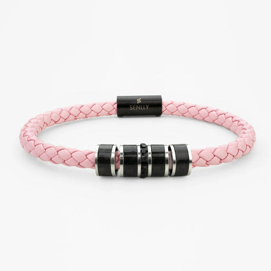 Braided Genuine Leather Pink Bracelet - Straight Tube Black Magnetic Clasp - SENLLY