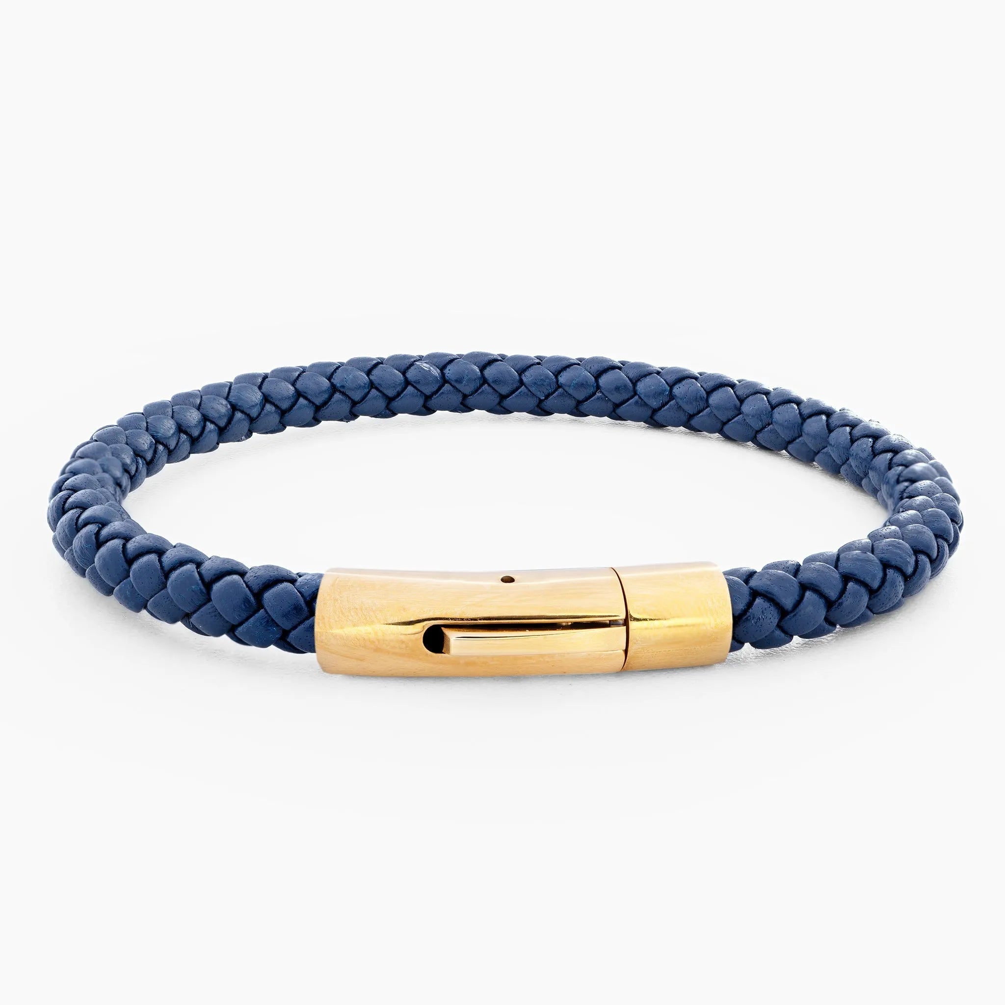 Braided Genuine Leather Blue Bracelet - Curved Button Gold Magnetic Clasp - SENLLY