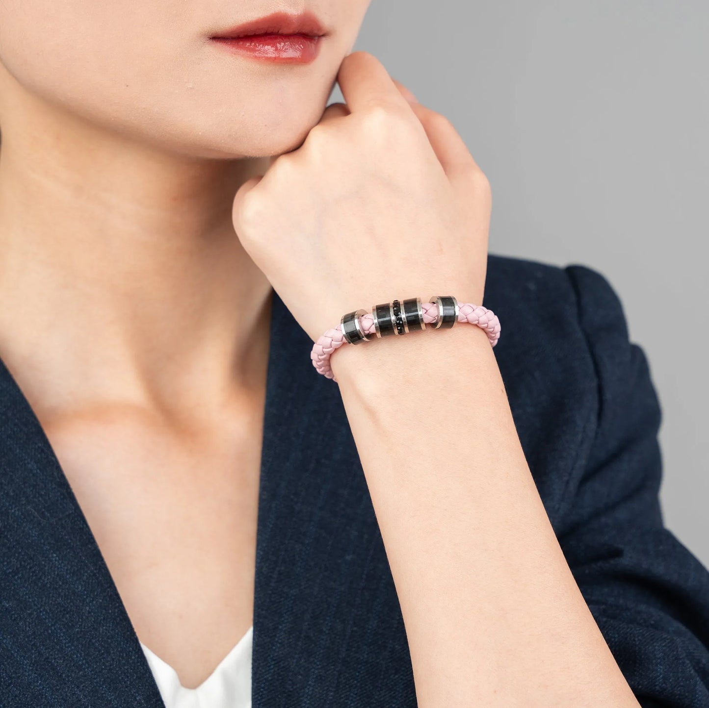 Braided Genuine Leather Pink Bracelet - Straight Tube Black Magnetic Clasp - SENLLY