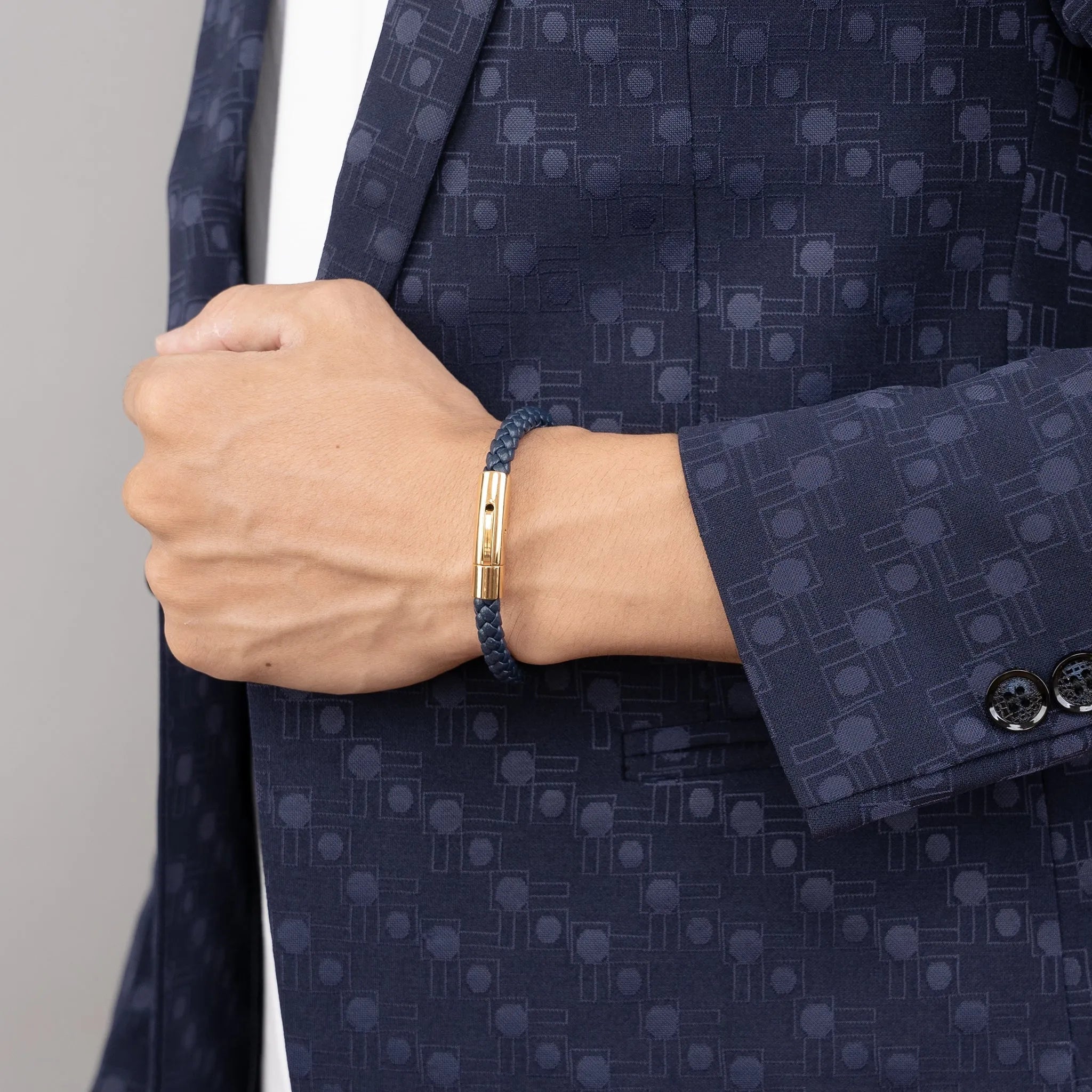 Braided Genuine Leather Blue Bracelet - Curved Button Gold Magnetic Clasp - SENLLY