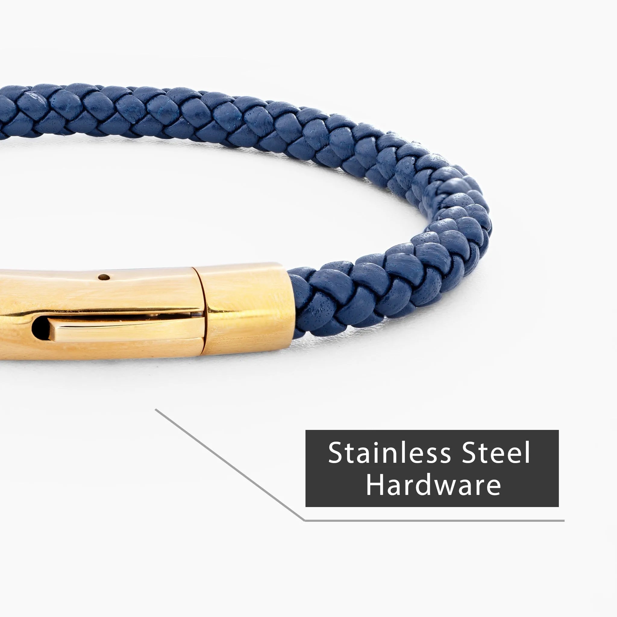 Braided Genuine Leather Blue Bracelet - Curved Button Gold Magnetic Clasp - SENLLY