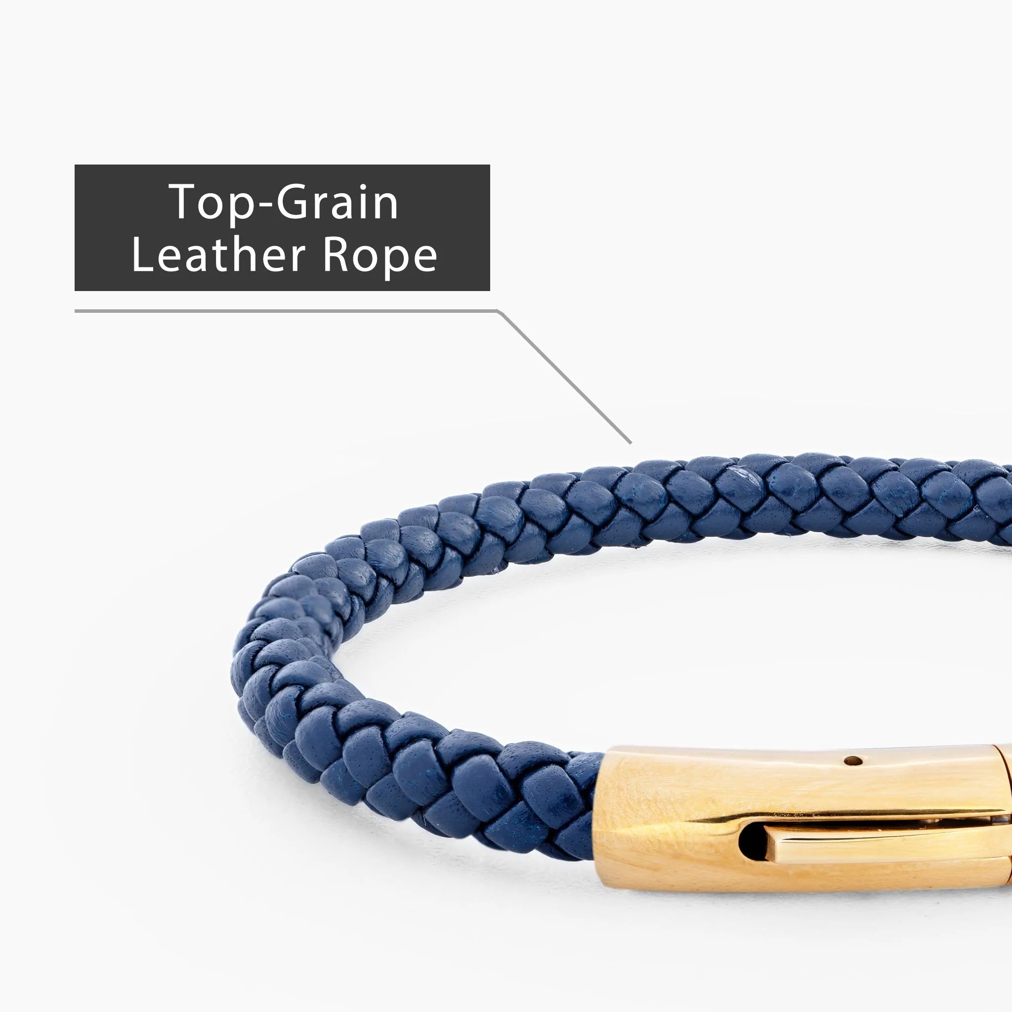 Braided Genuine Leather Blue Bracelet - Curved Button Gold Magnetic Clasp - SENLLY