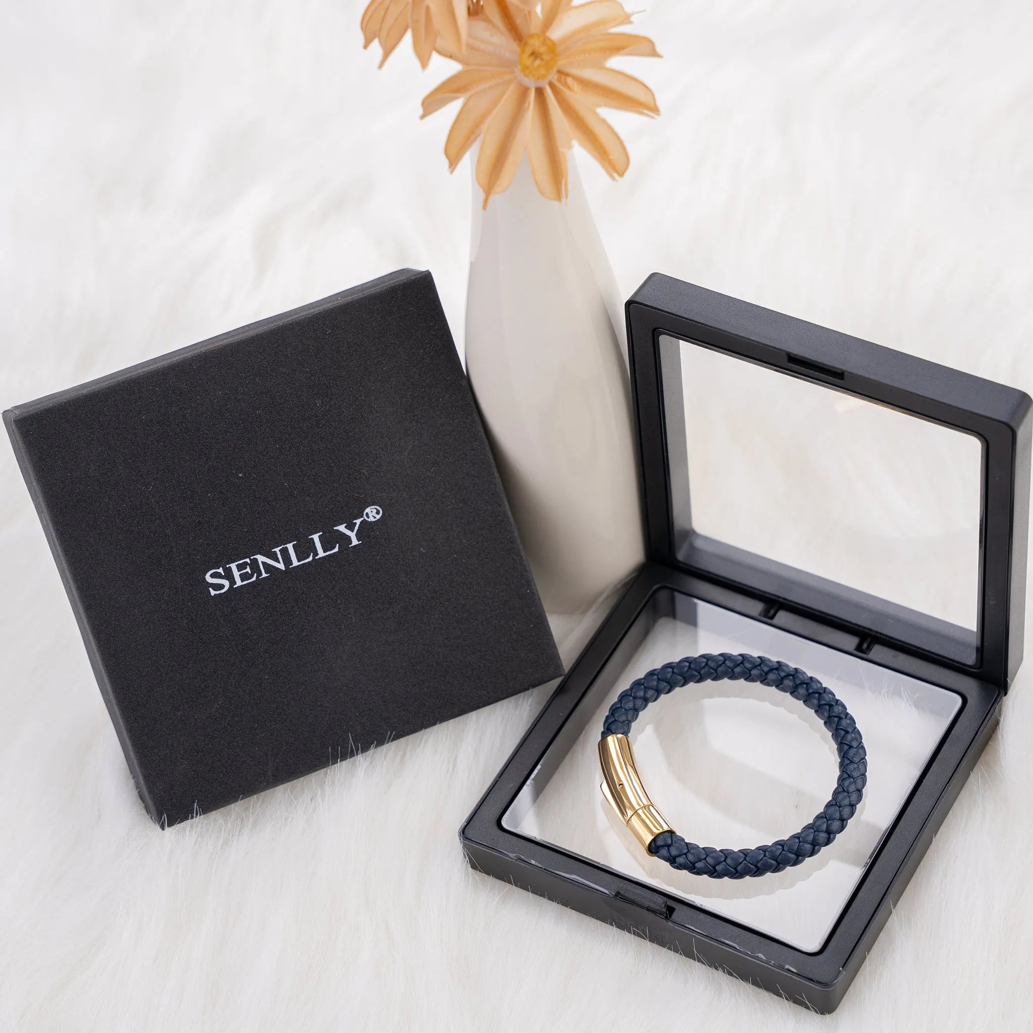 Braided Genuine Leather Blue Bracelet - Curved Button Gold Magnetic Clasp - SENLLY