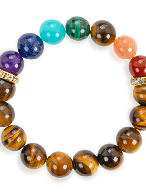 SENLLY 7 Chakra Beaded Stretch Bracelet with Tiger's Eye, Handmade Natural Stone Jewelry for Balance & Protection