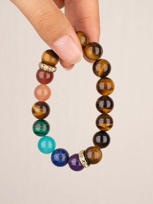 SENLLY 7 Chakra Beaded Stretch Bracelet with Tiger's Eye, Handmade Natural Stone Jewelry for Balance & Protection