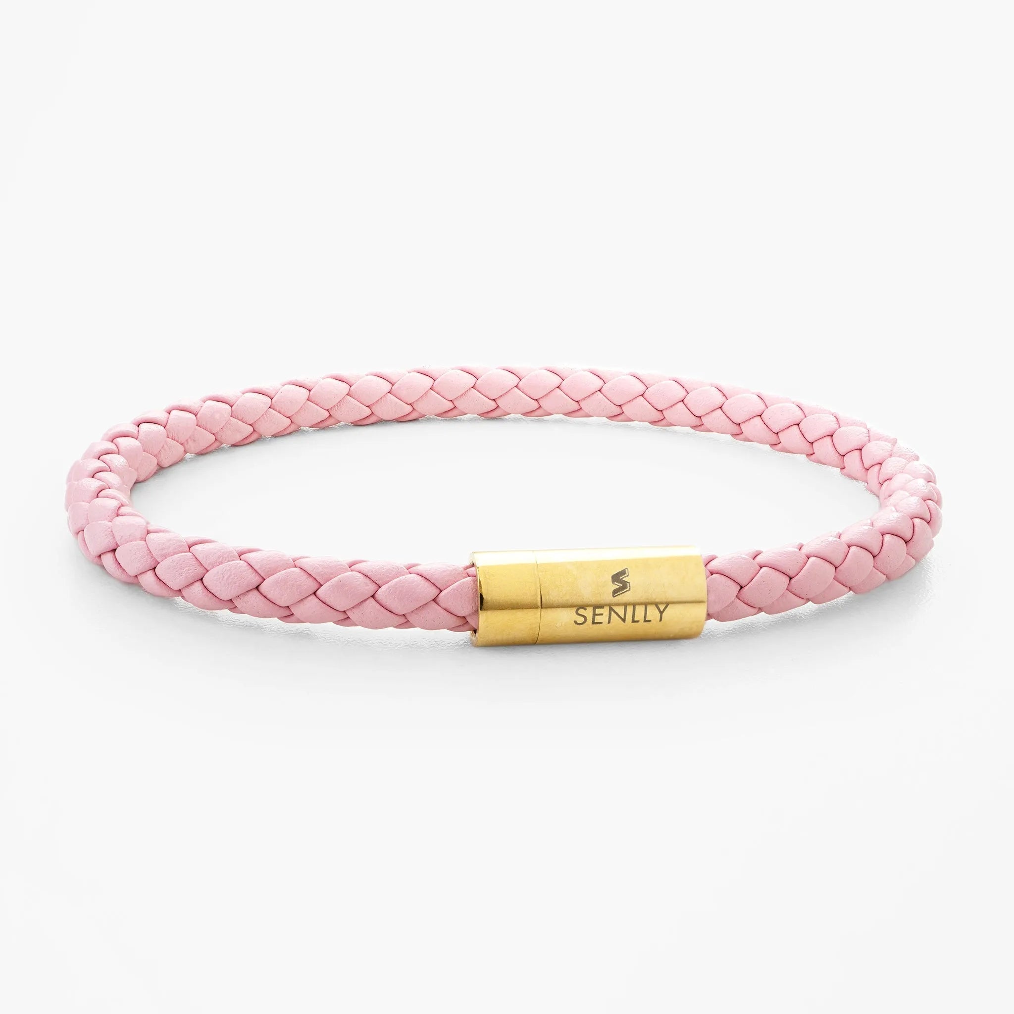Braided Genuine Leather Pink Bracelet - Straight Tube Gold Magnetic Clasp - SENLLY