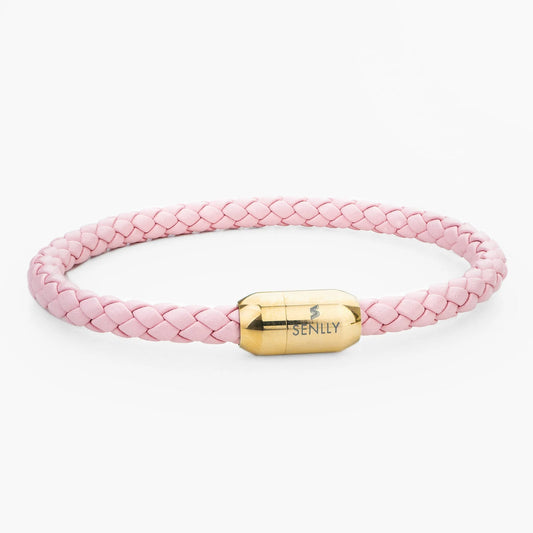 Braided Genuine Leather Pink Bracelet - Capsule Gold Magnetic Clasp - SENLLY