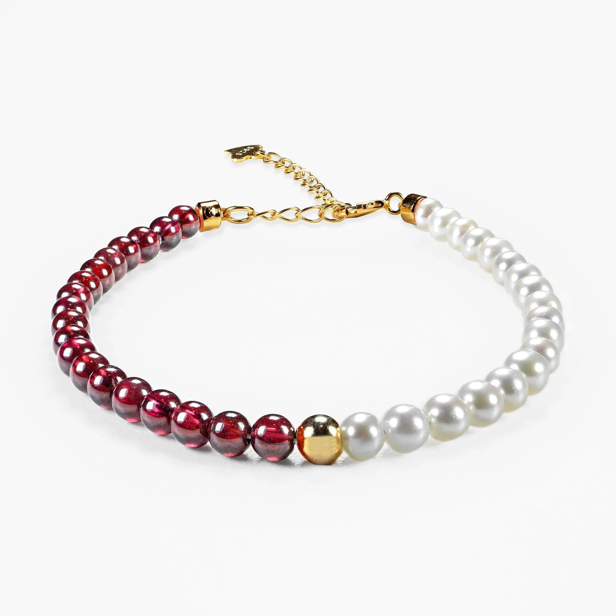 Dual Essence Gemstone Beaded Bracelet - Garnet & Pearl - SENLLY