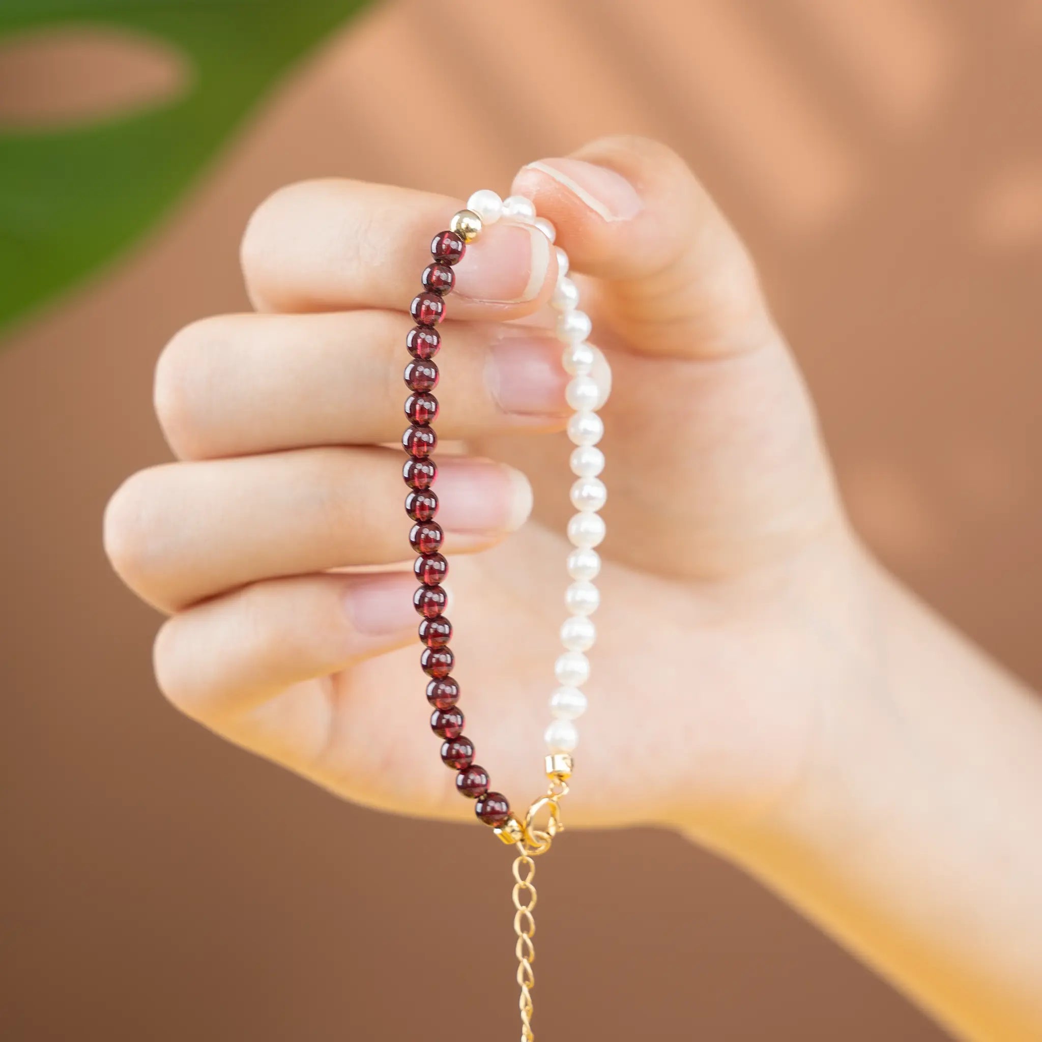 Dual Essence Gemstone Beaded Bracelet - Garnet & Pearl