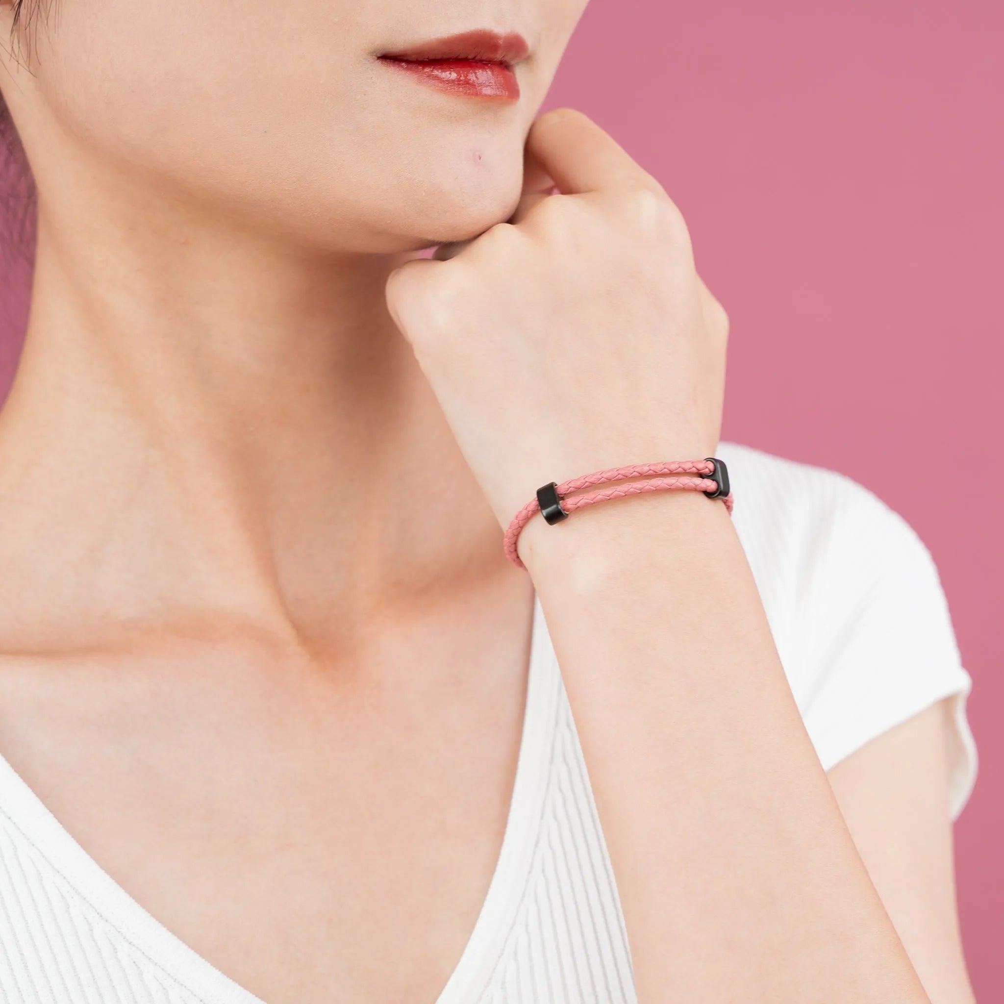 Braided Genuine Leather Pink Bracelet - Black Adjustable Buckle - SENLLY